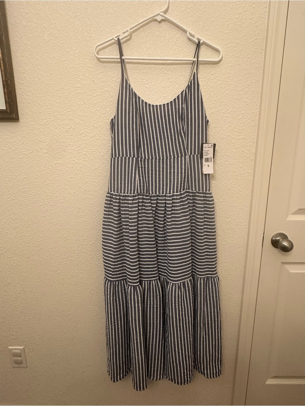 Striped Blue and White Sleeveless Tiered Maxi Dress